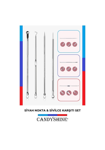 Candyshine Paslanmaz Çelik Sivilce Akne ve Siyah Nokta Temizleme Komedon Seti 4'lü