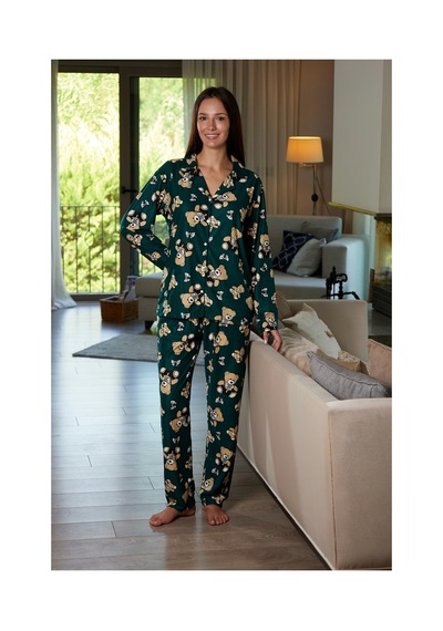 Estiva Kadın Ayıcık Desenli Önden Düğmeli Süet Pijama Takımı Yeşil