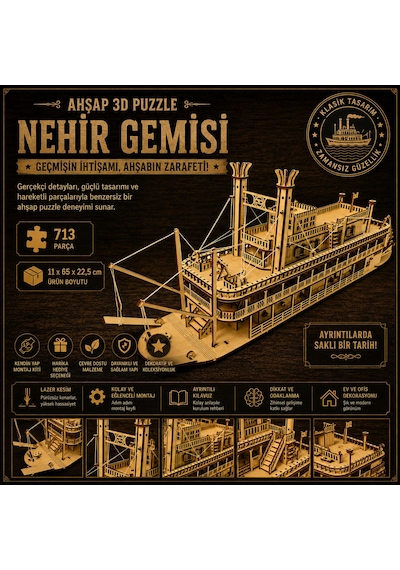 Nehir Gemisi Ahşap Maket Seti Dıy 3d Puzzle Mississippi Buharlı Gemi Koleksiyoner Modeli 713 Parça