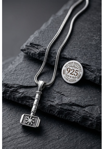 925 Ayar Gümüş Erkek Kolye - Oksitli Thor'un Çekici Mjolnir Ve Kolovrat Sembollü Örgü Zincir Rzn10414