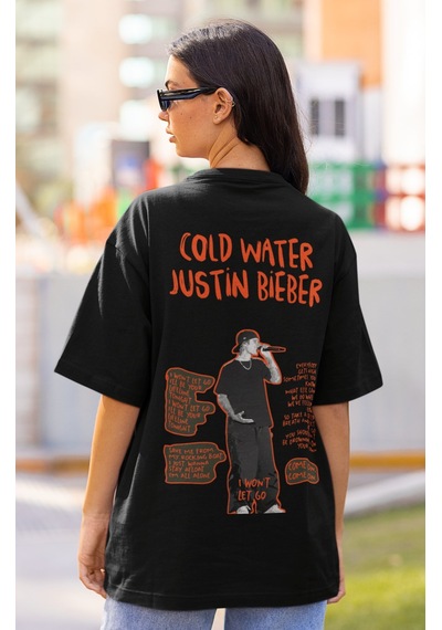 Sevbano Cold Water Justin Bieber Sırt Baskılı Unisex Oversize Şarkıcı Tiş Siyah