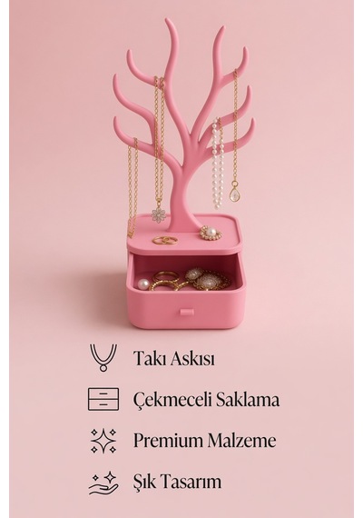 Ağaç Tasarımlı Çekmeceli Takı Organizer Kolye Askılığı Yüzük Küpe Bileklik Saklama Kutusu Pembe
