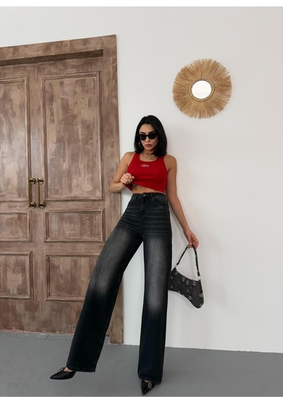Kadın Wide-leg Yüksek Bel Geniş Paça Kot Pantolon Koyu Füme Siyah+koyu Füme