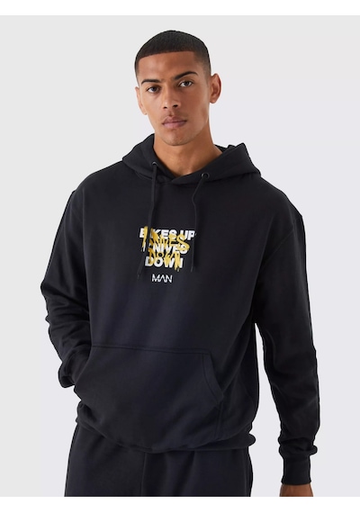 Unisex Knives Down Basklı Kapşonlu Oversize Sweatshirt Siyah
