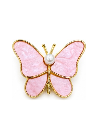 Pembe Butterfly Kadın Broşu İnci Detaylı Zarif Altın Renk Hediye Aksesuar Açık Gri