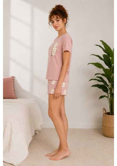 Pijamask Kadın Pudra Pembe Baskılı Kısa Kollu Pijama Takımı Pembe