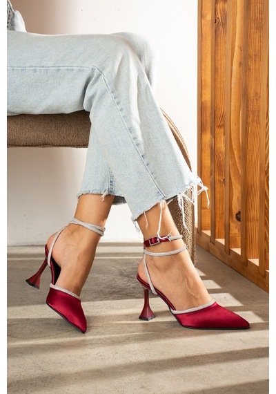 Duxal Shoes Bordo Saten Bilekten Bağlamalı Topuklu Kadın Ayakkabı Bordo