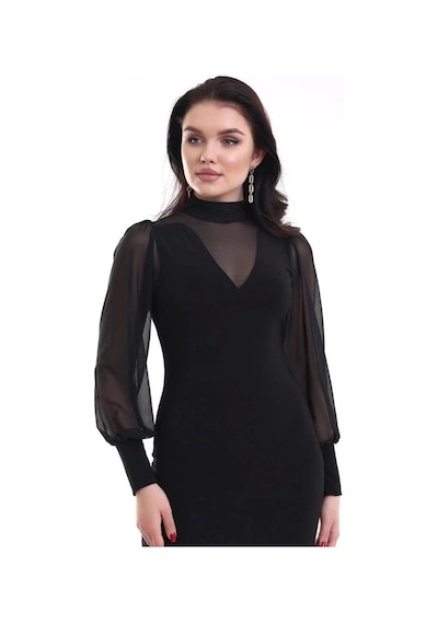 Defymoda Kadın Balıkçı Yaka Transparan Detay Fırsat Ürün Sandy Kumaş Mini Elbise Siyah