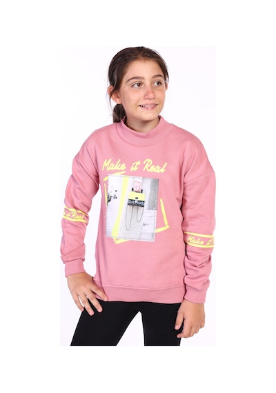 Toontoy Kız Çocuk Baskılı Taş İşlemeli Balıkçı Yaka Sweatshirt Gülkurusu