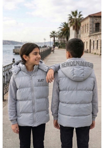 Pina Kids Unisex Çıtçıt Kapüşonlu Baskılı Şişme Yelek Gri