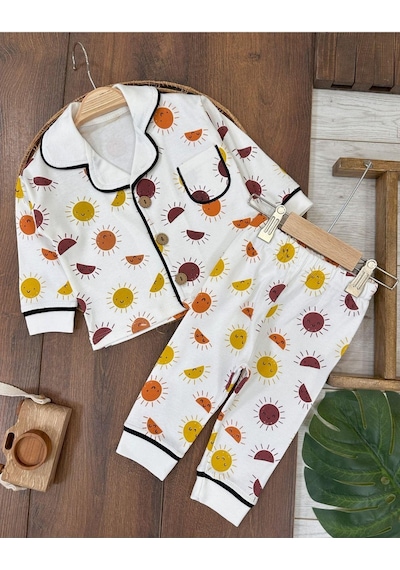 Ünisex Güneş Desenli Pijama Takımı 4bb2 Beyaz