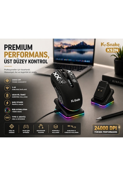 Rgb Gaming Mouse 24000 Dpı Kablosuz 2.4g Bluetooth Type-c Şarjlı Oyuncu Mouse Şarj Standlı Ms-ks2ns
