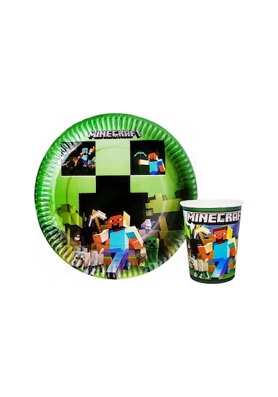 Minecraft 8 Adet Tabak, 8 Adet Bardak, 10 Adet Peçete