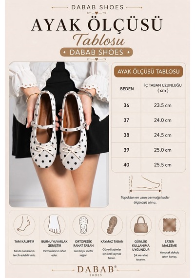 Dabab Shoes Penelop Kadın Krem Saten Puantiyeli Fiyonk Detaylı Ayarlanabilir Tokalı Ortopedik Taban Mary Jane Babet Ayakkabı