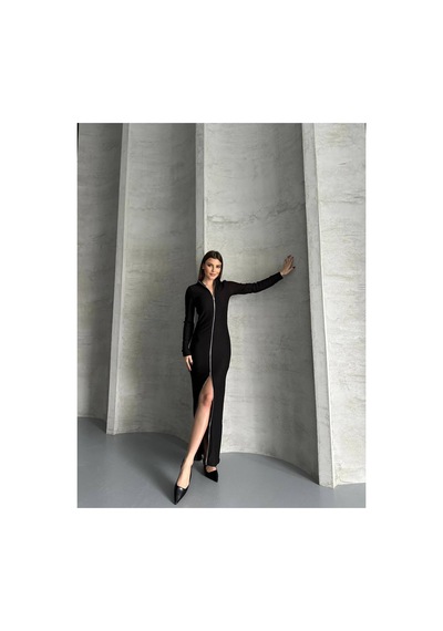 Asur Boutique Asur Butik Kadın Ottoman Kumaş Fermuarlı Uzun Elbise Siyah