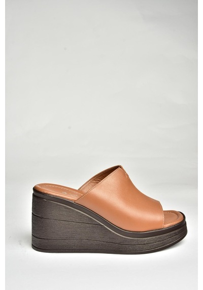 Fox Shoes P555961203 Taba Hakiki Deri Dolgu Topuklu Kadın Terlik Taba-hakiki Deri Taba