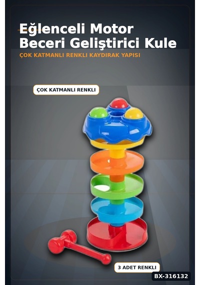 Dönerli Top Kaydırağı Oyunu 3 Toplu Potalı Kule, 24+ Ay Bebek Gelişim Oyuncağı Bx-316132