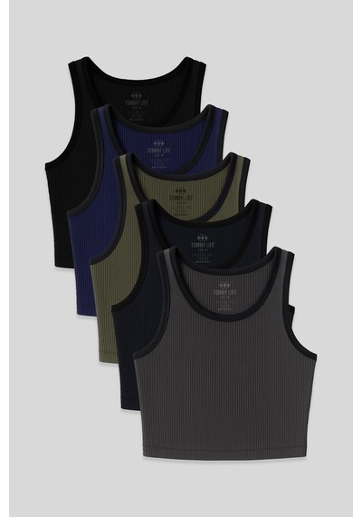 Basic U Yaka 5li Paket Kadın Crop Top Atlet - 97160 Siyah - Krem