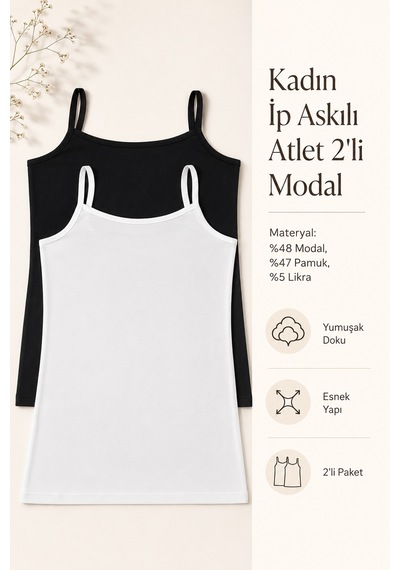 Nicoletta Kadın Atlet İp Askılı 2 Li Paket Siyah-beyaz Modal