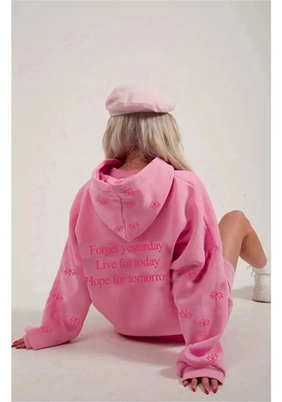 Blausee Wear Pembe Sevgililer Günü Oversize Rahat Kalıp Eye Crown Baskılı Kapüşonlu Sweatshirt Pembe