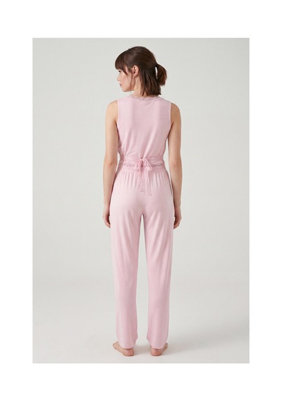 Lela Yumuşak Dokulu Sırtı Bağlamalı Dantelli Crop Pijama Takımı Bayan Pijama Takımı 6575015 Pembe