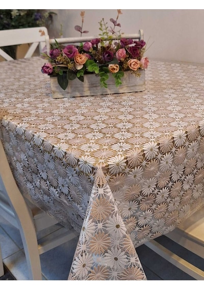 İthal Pvc Muşamba - Desenli Silinebilir Masa Örtüsü 11lace015 Bej