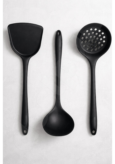 3'lü Silikon Servis Seti - Spatula, Kepçe, Kevgir - Isıya Dayanıklı - Çizmez Yanmaz Yapışmaz - Sert Siyah