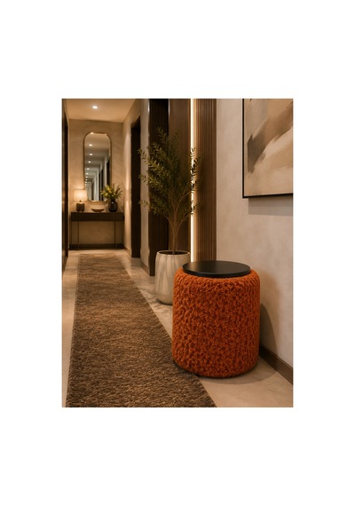 Premium Ahşap Üstlü Yuvarlak Bukle Puf Modern Turuncu - 878843025 Turuncu