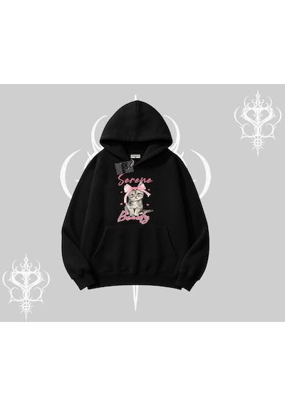 Serene Beauty Kedi Baskılı Kapşonlu Sweatshirt Siyah