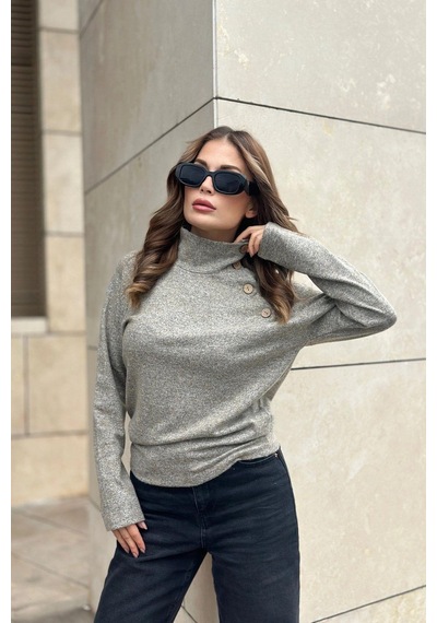 WeShaya Kadın Bej Kendinden Desenli, Yumoş Kumaş, Uzun Kol, Düğme Detaylı, Boğazlı Bluz Bej