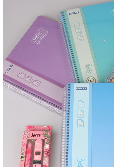 Orjinal Gıpta Spiralli 4 Adet 100 Yaprak A4 Defter,serve Deep Uçlu Kalem Seti,silgi,kalemtraş,uç Seti 124-Pembe