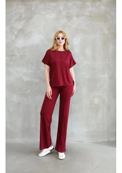 Efnaz Style Osy Modal Yumuşak Dokulu Kumaş Bisiklet Yaka Kısa Kollu Takım - Bordo