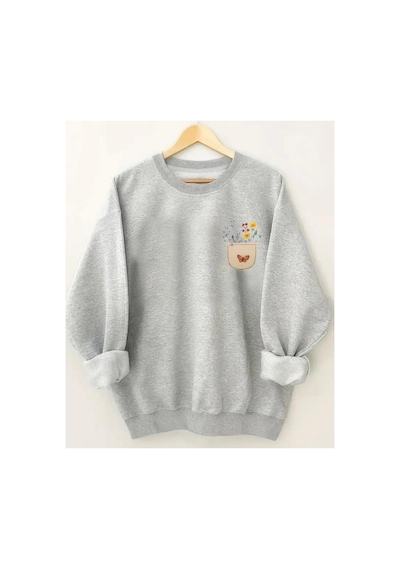 Herkesemoda Göğüs Baskılıı Bisiklet Yaka İçi Polarlı Sweatshirt Gri