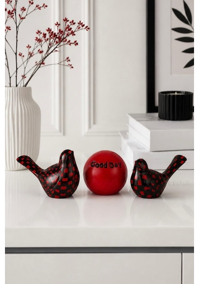 Good Day Dekoratif Kuş Biblo Seti 3 Lü Modern Siyah Kırmızı