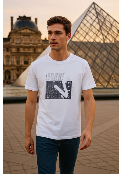 Erkek Rahat Kesim Bisiklet Yaka Baskı Detay T-shirt Çok Renkli