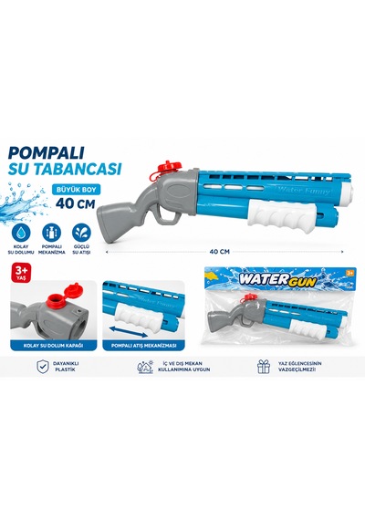 Su Tabancası Pompalı Büyük Boy 40 Cm Su Tüfeği 3+ Yaş Gri