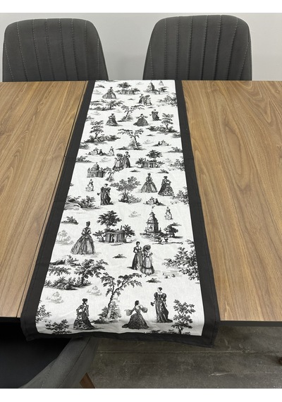 Toile De Jouy Paris Runner 40x110 Cm %100 Pamuk Dijital Baskılı Masa Örtüsü Klasik Fransız Tarzı Masa Dekoru - Zt700 Siyah
