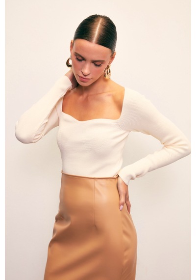 Sateen Kalp Yaka Triko Bluz - Ekru-131625