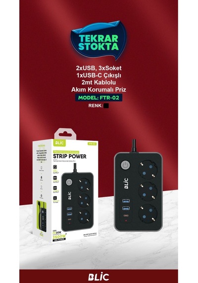 Ftr-02 Termal Akım Korumalı Çoklu Priz 2xusb-a 1xusb-c 3xac Socket 2mt.pd20w 0 - 2 M