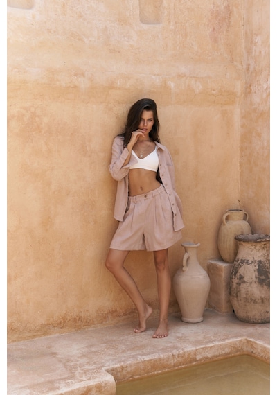 Mai Collection Mai Studios Co. Gaelil Oversize Vizon Keten Gömlek Şort Takım Vizon