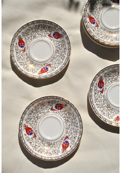 6'lı Porselen Çay Tabağı Altın İşlemeli Kırmızı Lale Gold 12 Cm Çay Tabak Seti -redlal Kırmızı Gold