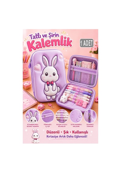 Pembe Kabartmalı Bölmeli Kalemlik 1 Adet P-5984 Kız Çocuk Okul Kalem Kutusu 3 Boyutlu Fermuarlı Hediyelik Gri