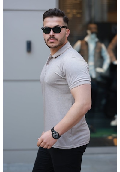 Erkek Yakalı Kagi Kumaş Kısa Kollu T-shirt Bej