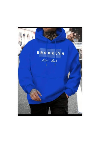 Medinenur Brooklyn Baskılı Kapüşonlu Sweatshirt Mavi