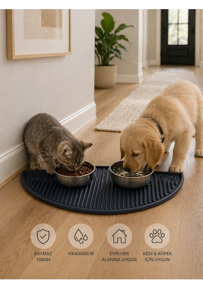 Evcil Hayvan Beslenme Matı Su Geçirmez Havuzlu Kaymaz Kedi Köpek Mama Paspası Mama Altlığı 50x26 Cm