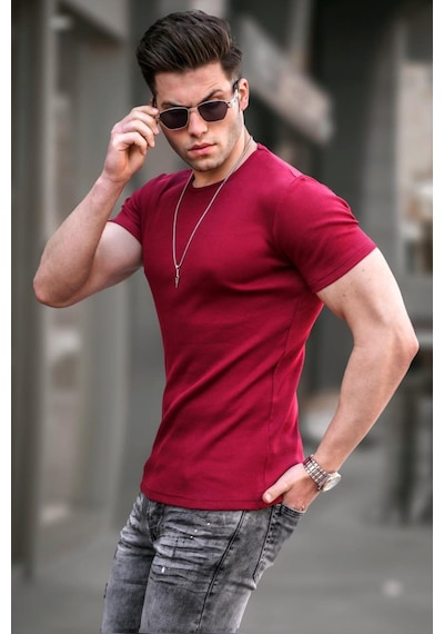 Madmext Madmext Bisiklet Yaka Bordo Basic Tişört 4077-bordo Bordo