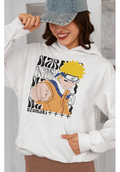 Sevbano Naruto Uzumaki Baskılı Unisex Oversize Anime Karakter Hoodie beyaz