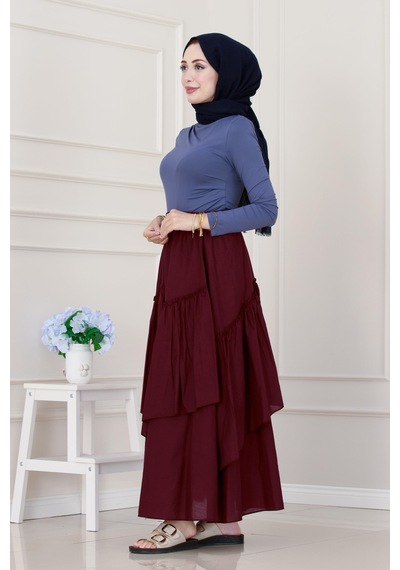 Sevitli Katlı Botto Vual Etek-bordo-5306 Bordo