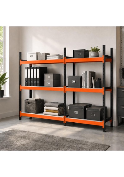 3 Katlı Duble Midi Rack - Ekonomik Depo,arşiv, Kiler Rafı Siyah-turuncu-46x180 Cm-150 Cm Çok Renkli