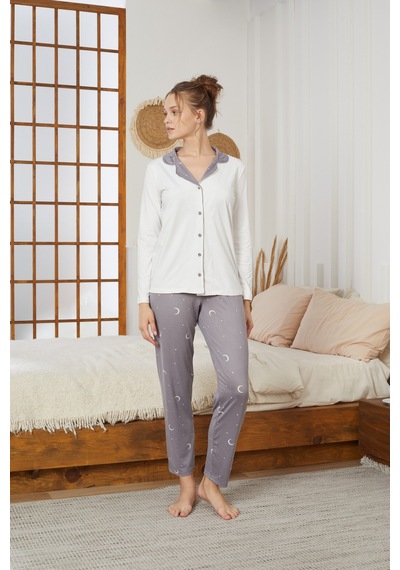 Siyah İnci Gömlek Yaka Düğmeli Milan Örme Pijama Takım25224008 Ekru